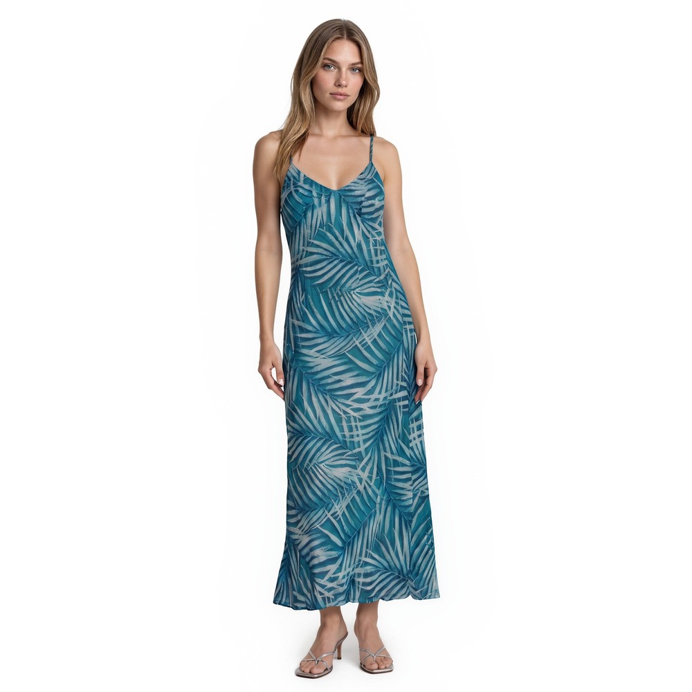 Vintage Basix Li 100% Silk Maxi Dress Women's Size 10 Teal Tropical Slip V Back